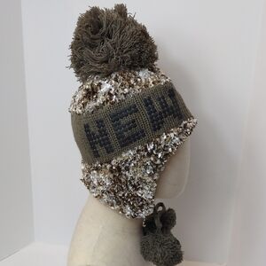 Robin Ruth New York Beanie Brown/Tan Ear Flap With Tie Pom Poms NWT